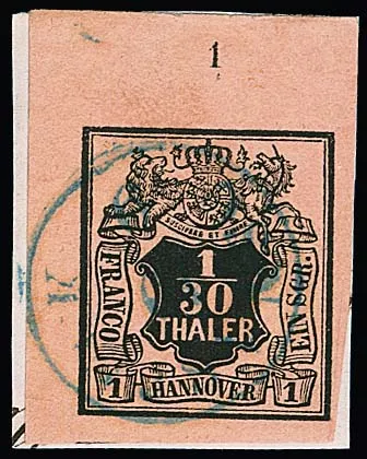 1/30 Th. black/salmon, large upper left sheet corner on cabinet piece with centered K1, on the right only in the margin pre-separation cut, signed Rappaporte