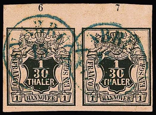 1/30 Th. black/salmon, luxury top margin pair with row numbers "6" and "7", as well as clear K1 "Osnabrück". From the Tomasini collection (Kruschel 1982), signed Kruschel, Ferchenbauer and certificate Berger
