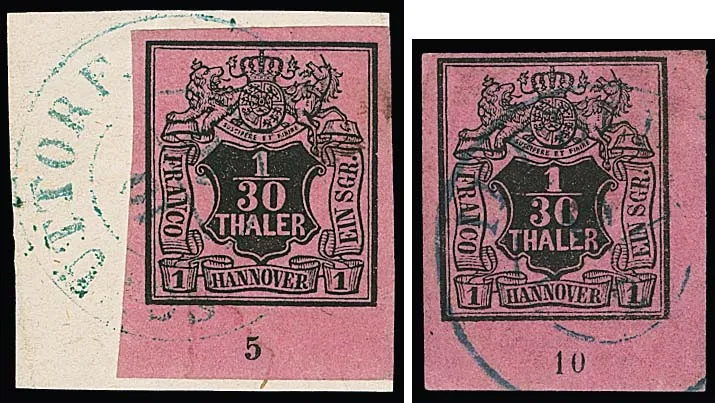 1/30 Th. schw./himbeerrot, sechs verschiedene Unterrandstücke mit den Reihenzahlen "2", "5" (Kabinettbriefstück mit K2 "Schüttorf", Attest Berger), "6", "8",…