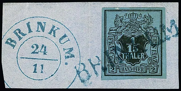 1/15 Th. černá/šedomodrá na luxusním ústřižku dopisu se vzácným modrým L1 "Brinkum", K2 vedle