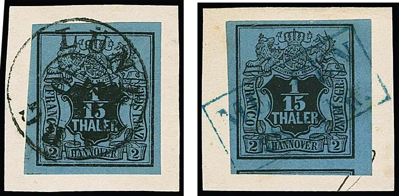 1/15 Th. schw./graublau, zwei ungewöhnlich breitrandige Exemplare auf Luxusbriefstücken, schwarzer K2 "Lüneburg" bzw. blauer Ra2 "Meppen" (vom rechten Rand,…