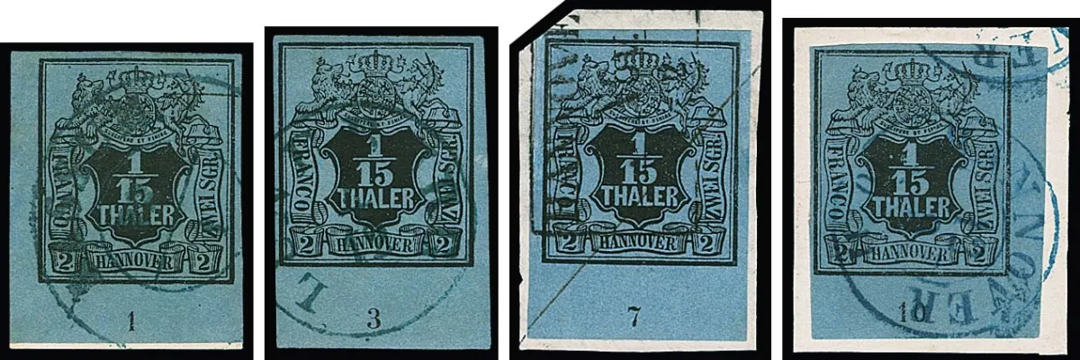 1/15 Th. noir/bleu-gris, bande marginale inférieure presque complète avec les numéros de rangée "1" à "10", sans "4", complète. L'état varie quelque peu, mais par exemple les deux coins de feuille sont impeccables