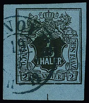 1/15 Th. black/grey-blue, wide-margined lower left cabinet sheet corner with plate flaw "broken foot of the left 2 and dent in the border line at bottom right" (3rd printing), photo certificate Berger