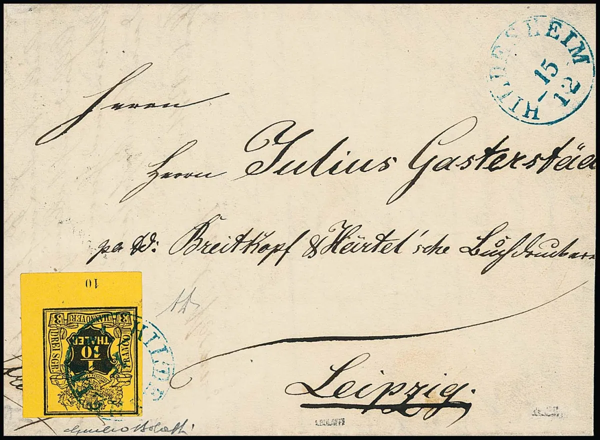 1/10 Th. noir/jaune, grand coin de feuille inférieur droit avec K1 "Hildesheim" sur lettre (rabats latéraux incomplets, sans importance) pour Leipzig.