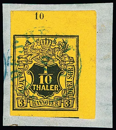 1/10 Th. black/yellow, large upper right sheet corner on cabinet cover piece with K1 from Hildesheim, photo exp. Berger