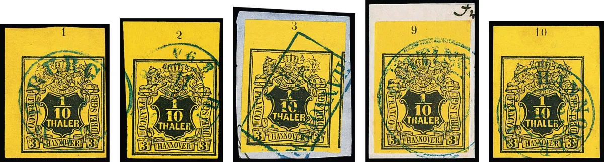 1/10 Th. black/yellow, almost complete upper margin strip with row numbers "1" to "10", without "8", complete, "5" touched, both sheet corners flawless and with Berger certificate