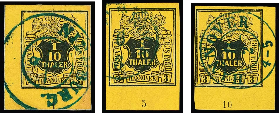 1/10 Th. schw./gelb, fast komplette untere Randleiste mit den Reihenzahlen "1" bis "10", ohne "9", vollständig, dabei "6", tadellos, auf Briefchen. Die…