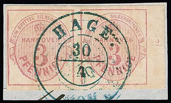 3 Pfge. lilas rose en paire du bord droit de feuille, numéro de rangée "2", sur pièce de lettre de cabinet avec K2 centré "Hage"