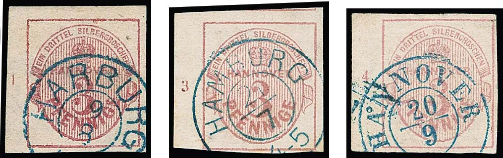 3 Pfge. lilac pink, three clearly cancelled left margin pieces, row numbers "1" (crease trace from printed matter use), "3" and "4" (cabinet, signed Berger)