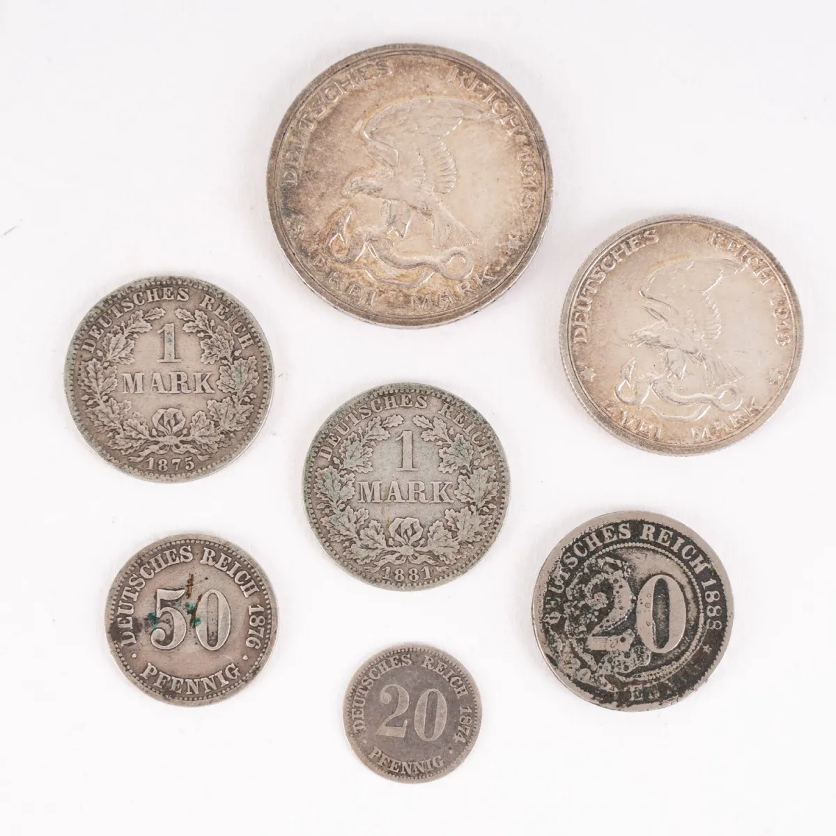 7-teiliges Konvolut verschiedener Deutsches Reich / Kaiserreich Münzen, bestehend aus 3 Mark - 1913, 2 Mark 1913, 2x 1 M…