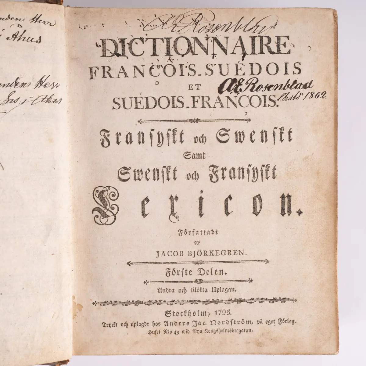 Bardzo stary słownik, wydany w Sztokholmie 1795, Francois - Suedois et Suedos - Francois (= francusko - szwedzki …