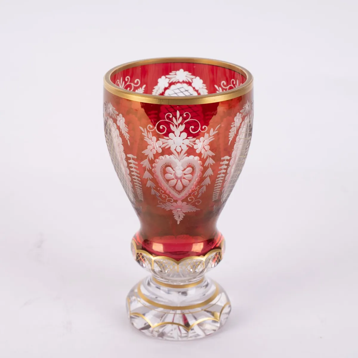 Magnificent goblet glass / goblet cup, colorless thick-walled glass, partially reddish overlay, noble gold decoration, partly au…