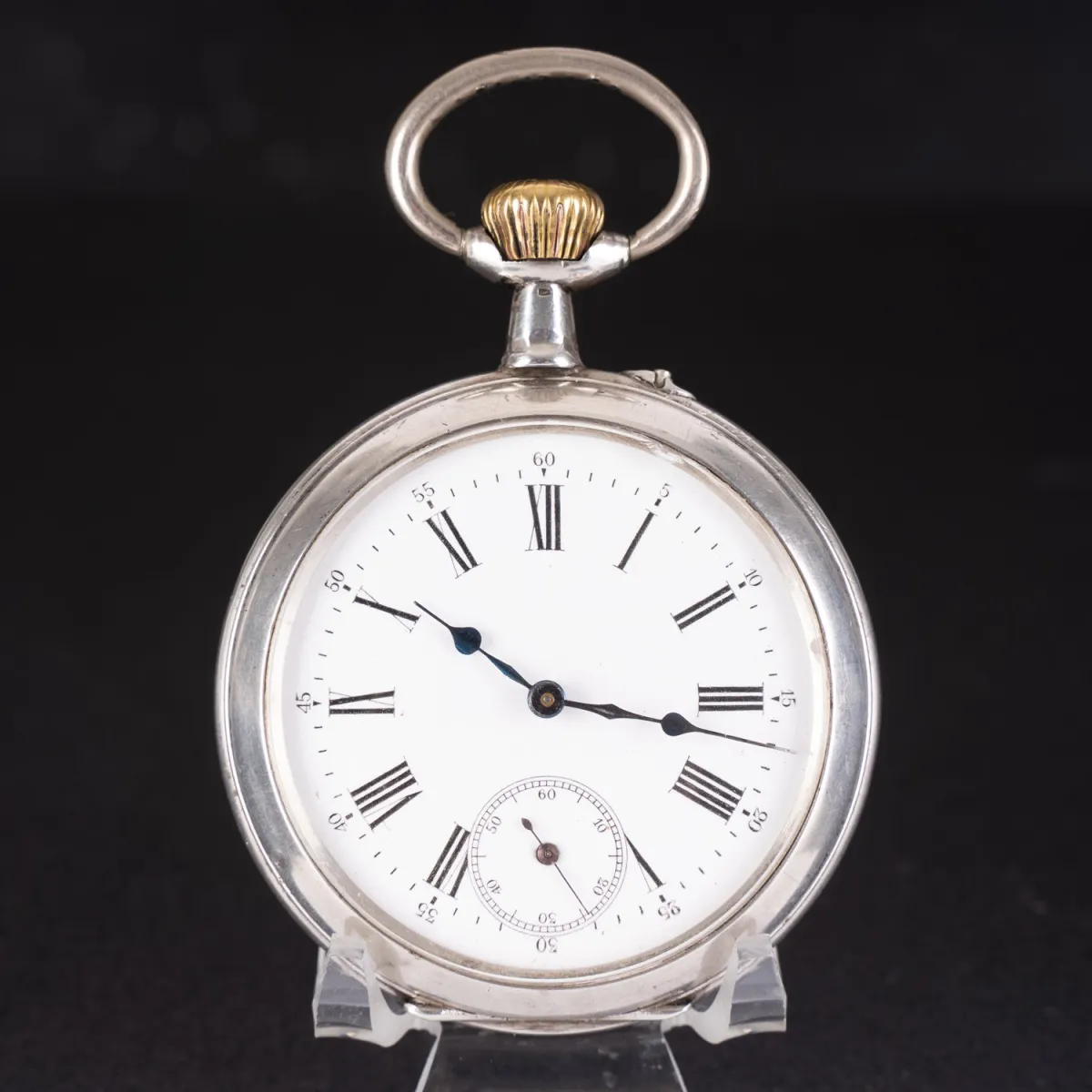 Zilveren zakhorloge, circa 1900/20 (niet getest), diameter ca. 67 mm, 15 stenen, horloge loopt aan, Romeinse cijfers, geblauwd…