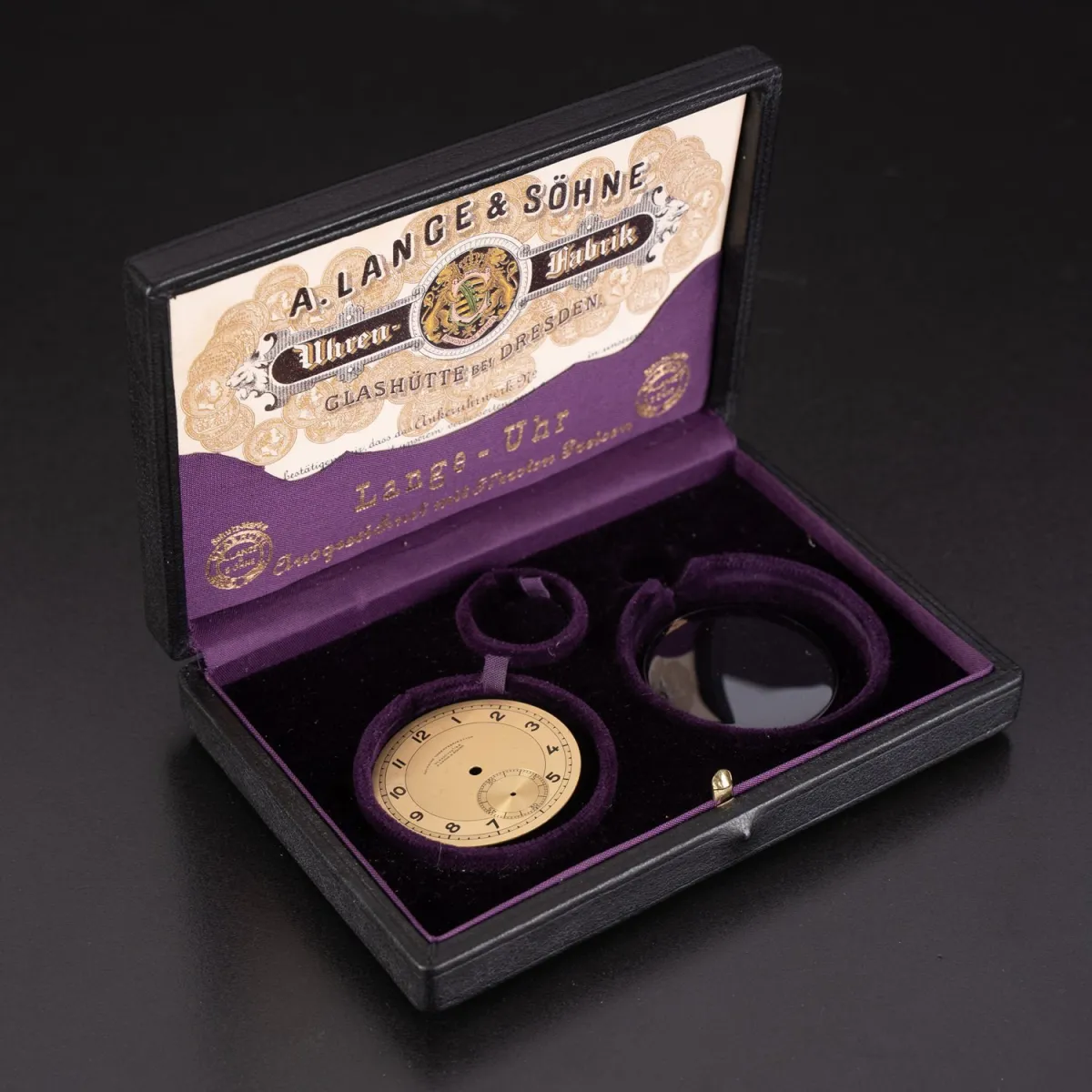 Lange und Söhne - Uhrenkasten mit Glashütte Ziffernblatt und original Uhrenglas.