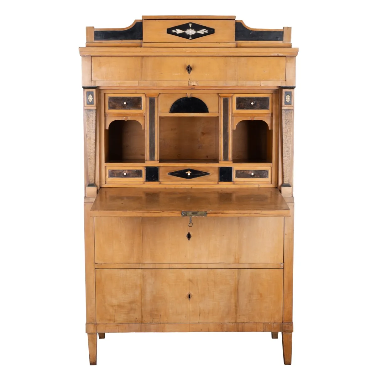 Antyczne biurko, biedermeier, XIX w., brzoza lita i fornirowana, częściowo hebanowana, klapa do pisania z boku z brz…