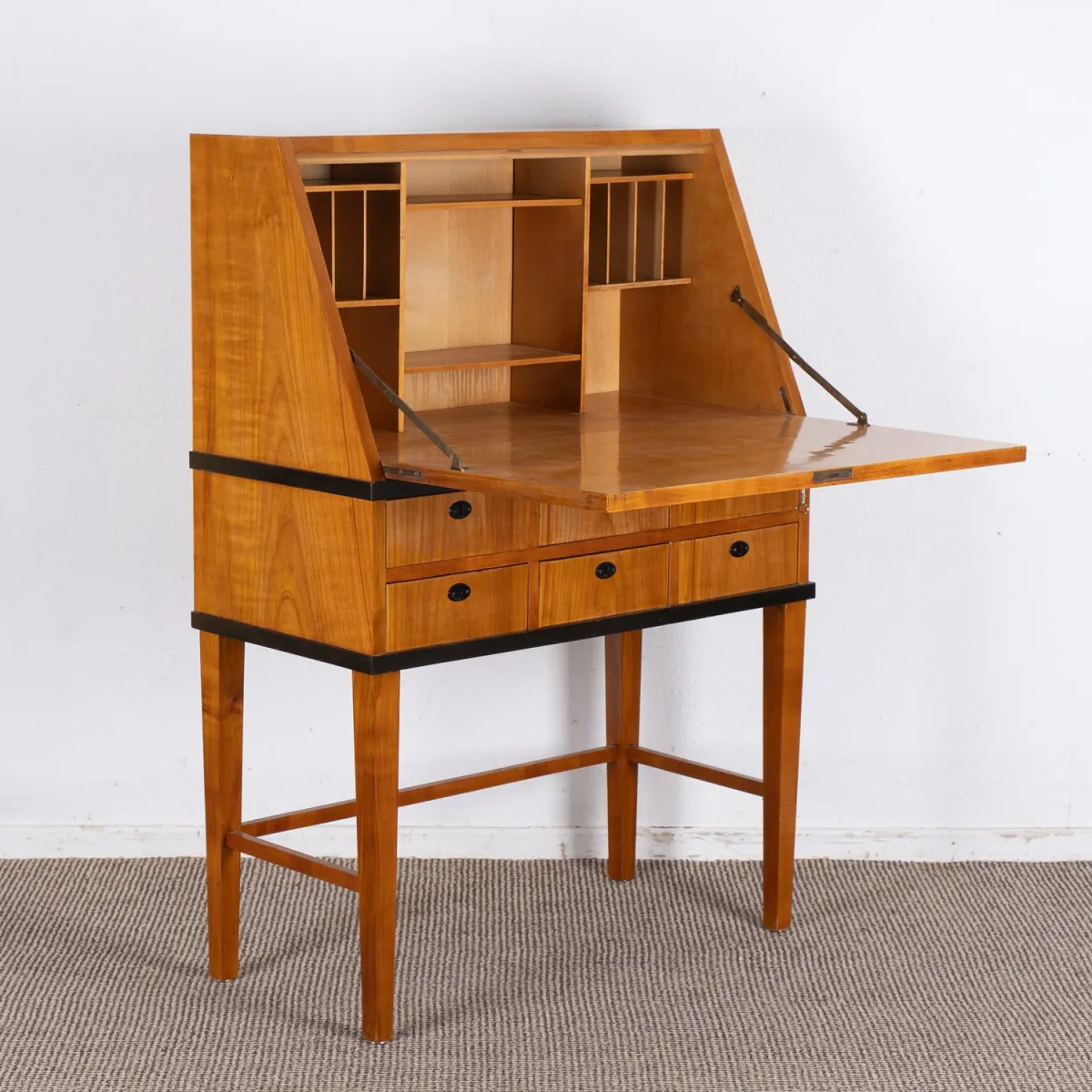 Biedermeier style secretary desk, 20th c., good used condition, cherry wood, black lacquered strips and fittings, approx. 12…