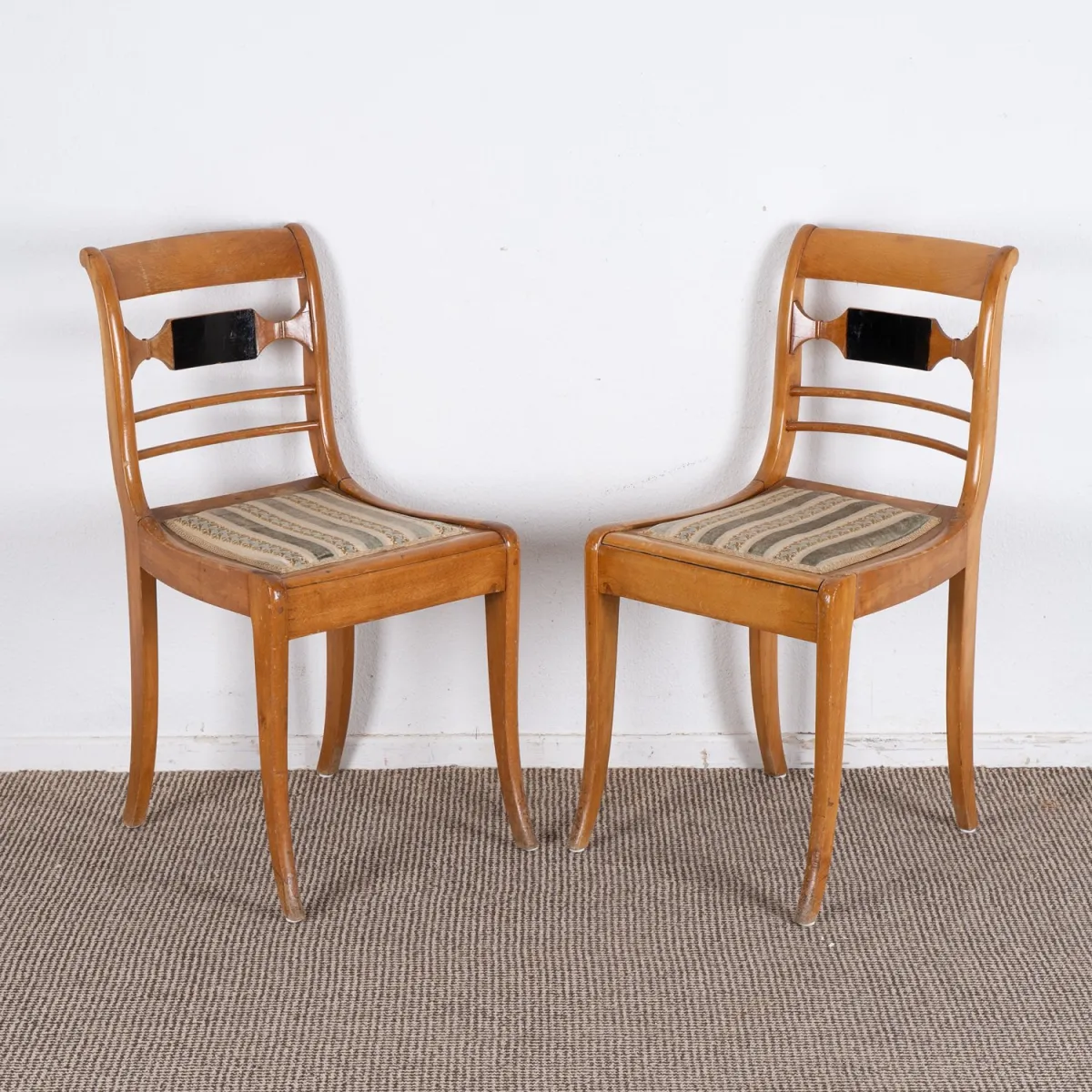 Pair of chairs, Biedermeier, 19th c., restored fruitwood-coloured frames, flat upholstered seats, good condition, L…