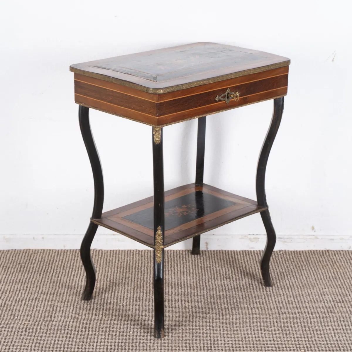 Antique sewing table, historicism, late 19th / early 20th c., crafted with various woods, partially elaborately ma…