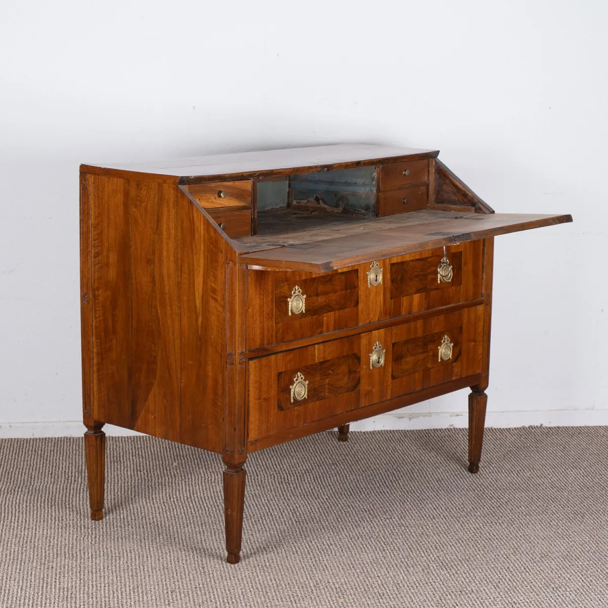 Writing commode, Louis XVI circa 1780/90, strict classical, plain design, 2-drawer softwood body on high legs