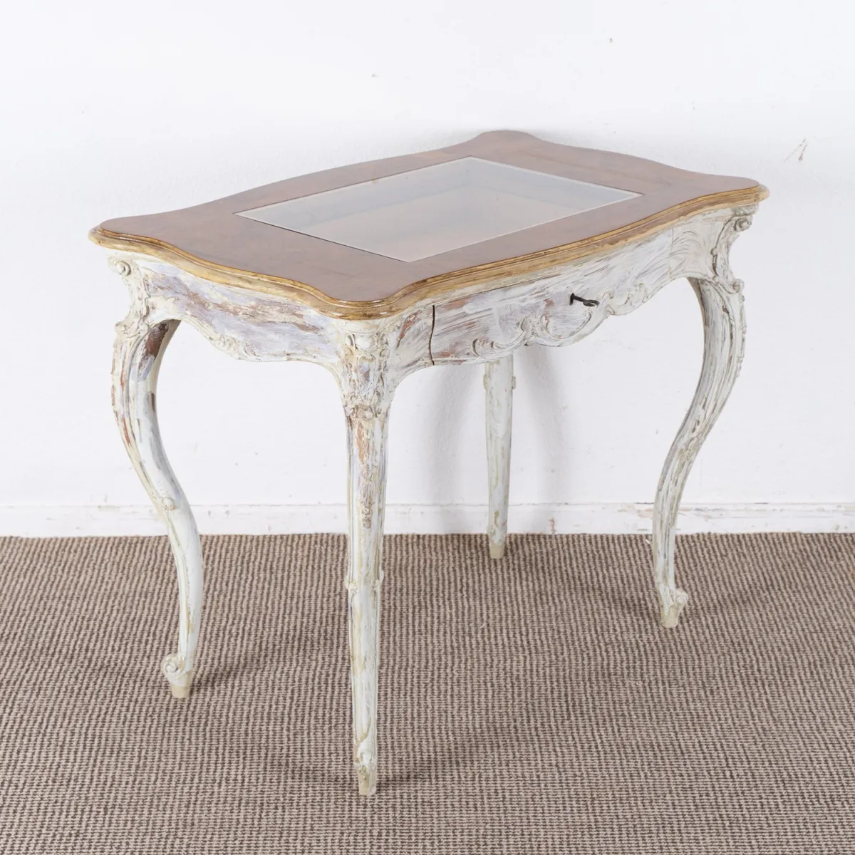 Rococo-style display table, former salon table with later-added glass top, walnut veneer