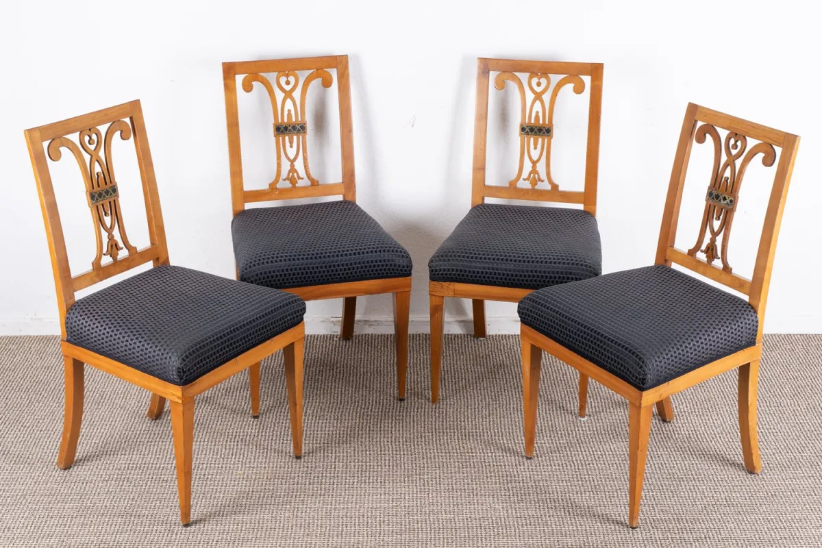 Set of 4 classical upholstered chairs, cherry wood, backs with elaborate, partly openwork design