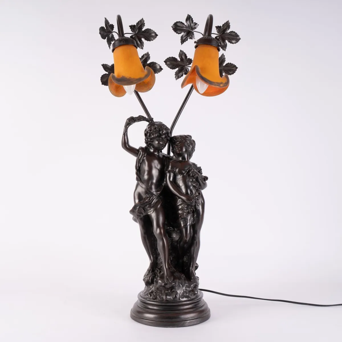 Large figural lamp, two-flame table lamp, bronze-colored art casting, young couple, Art Nouveau style, Asia...
