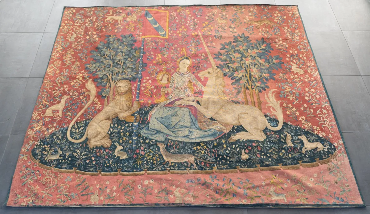 Virgin with Unicorn - woven tapestry, probably machine-woven, mounted on linen, after a late Gothic model