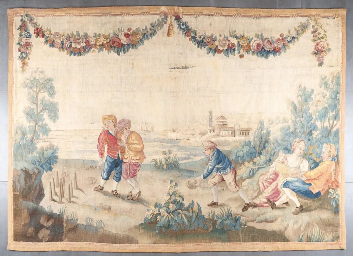 Alle Neune... Antique tapestry, 18th century, detailed scene on a southern coastal strip, left in the foreground…