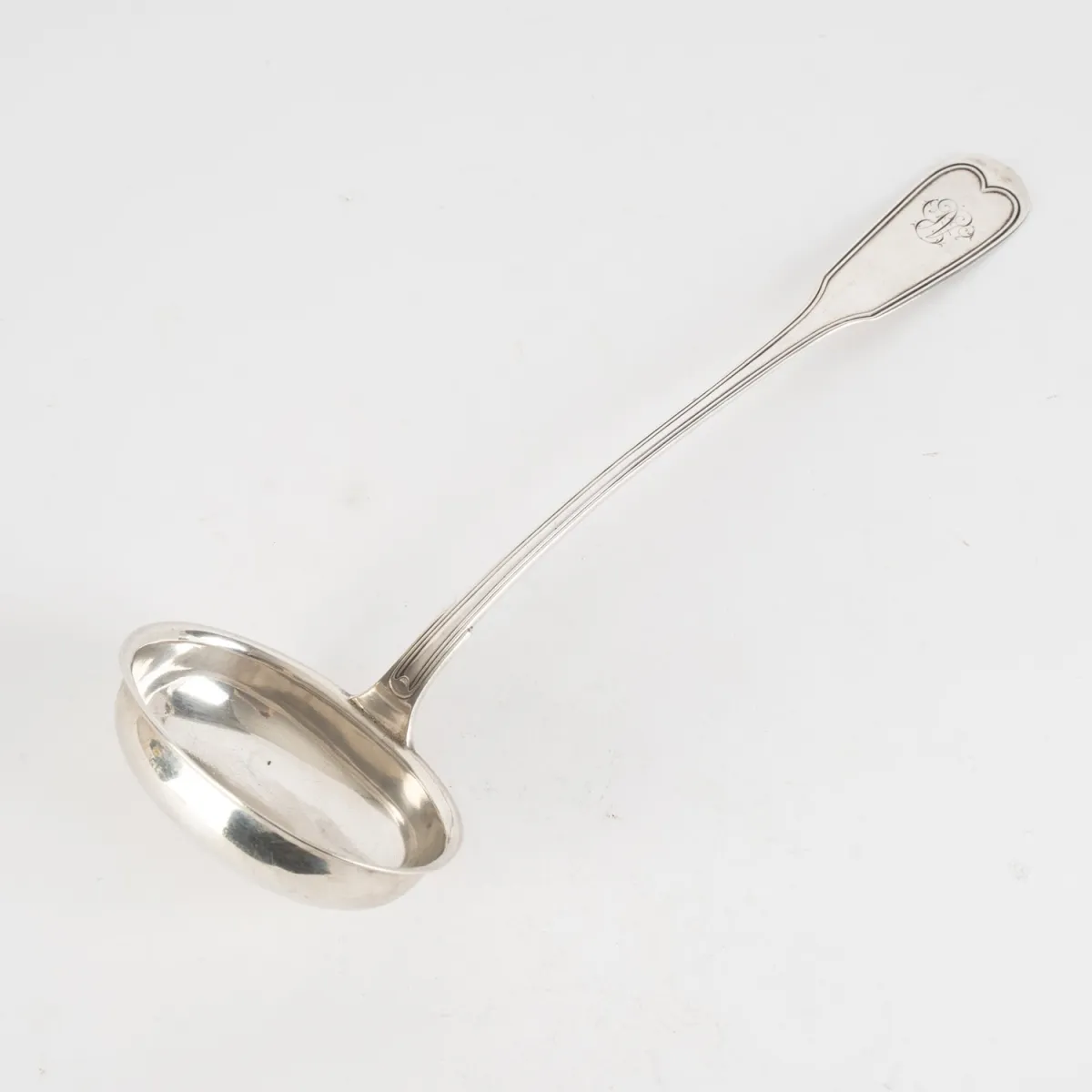 Antique soup ladle, solid 750 silver, interlaced owner's monogram, 19th/20th century, length approx. 35 cm, approx. 178g.