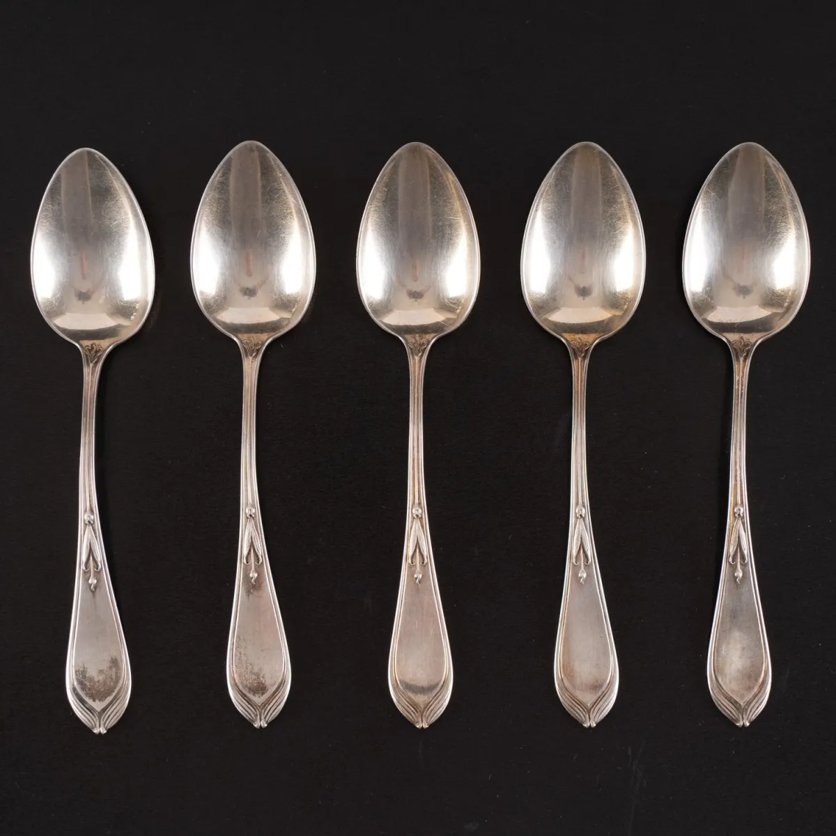 Set of 5 coffee spoons, Art Nouveau circa 1910/20, solid 800 silver, length approx. 14 cm each, with dedication on the back