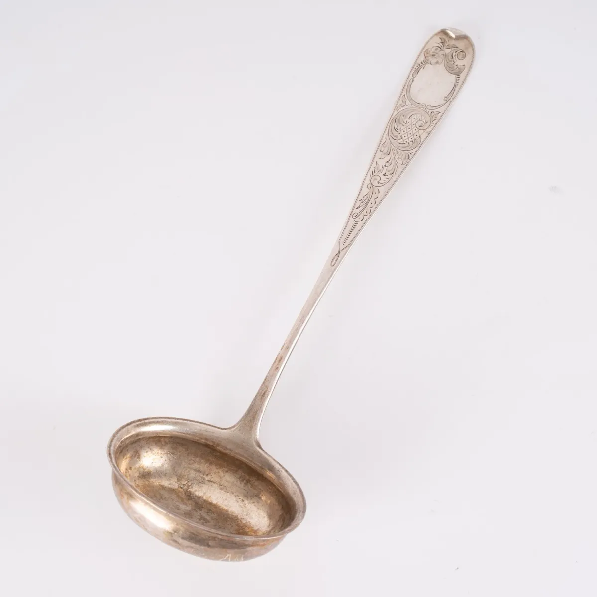 Soup ladle, solid 800 silver, length approx. 32 cm, approx. 146g, finely engraved, nice used condition