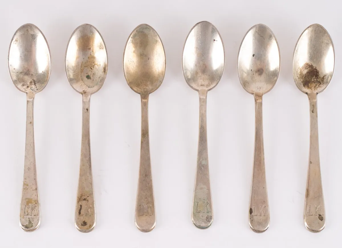 Set of 6 mocha spoons, solid 800 silver, owner's monogram L.K., length approx. 11 cm, total approx. 90g