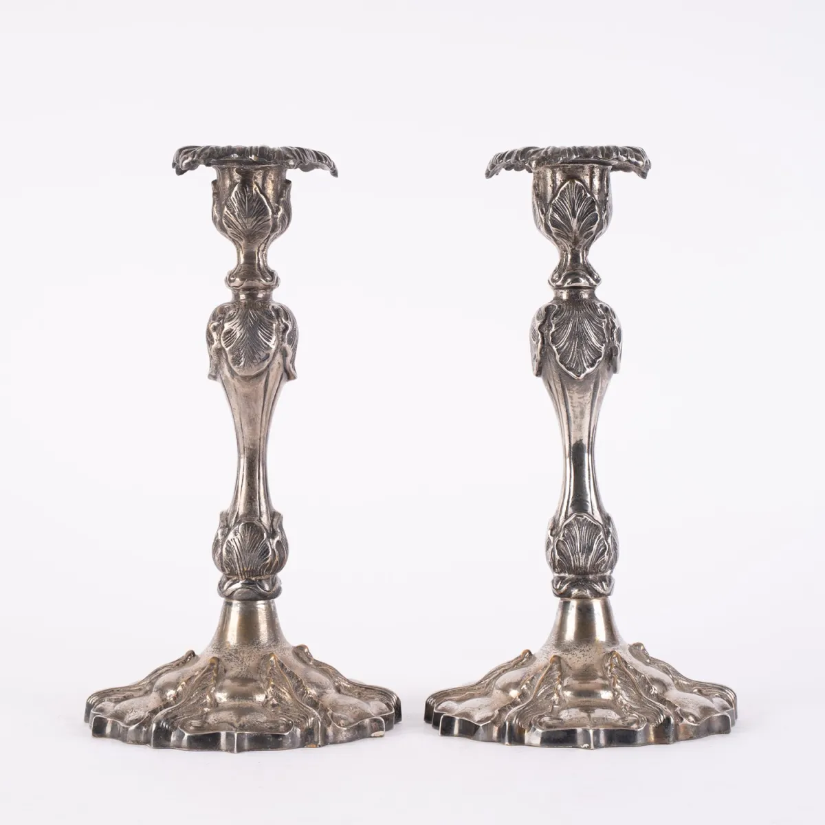 Pair of single-flame table candlesticks, silver-plated cast metal, Baroque style, straight sturdy base, height approx. 30 cm, V…