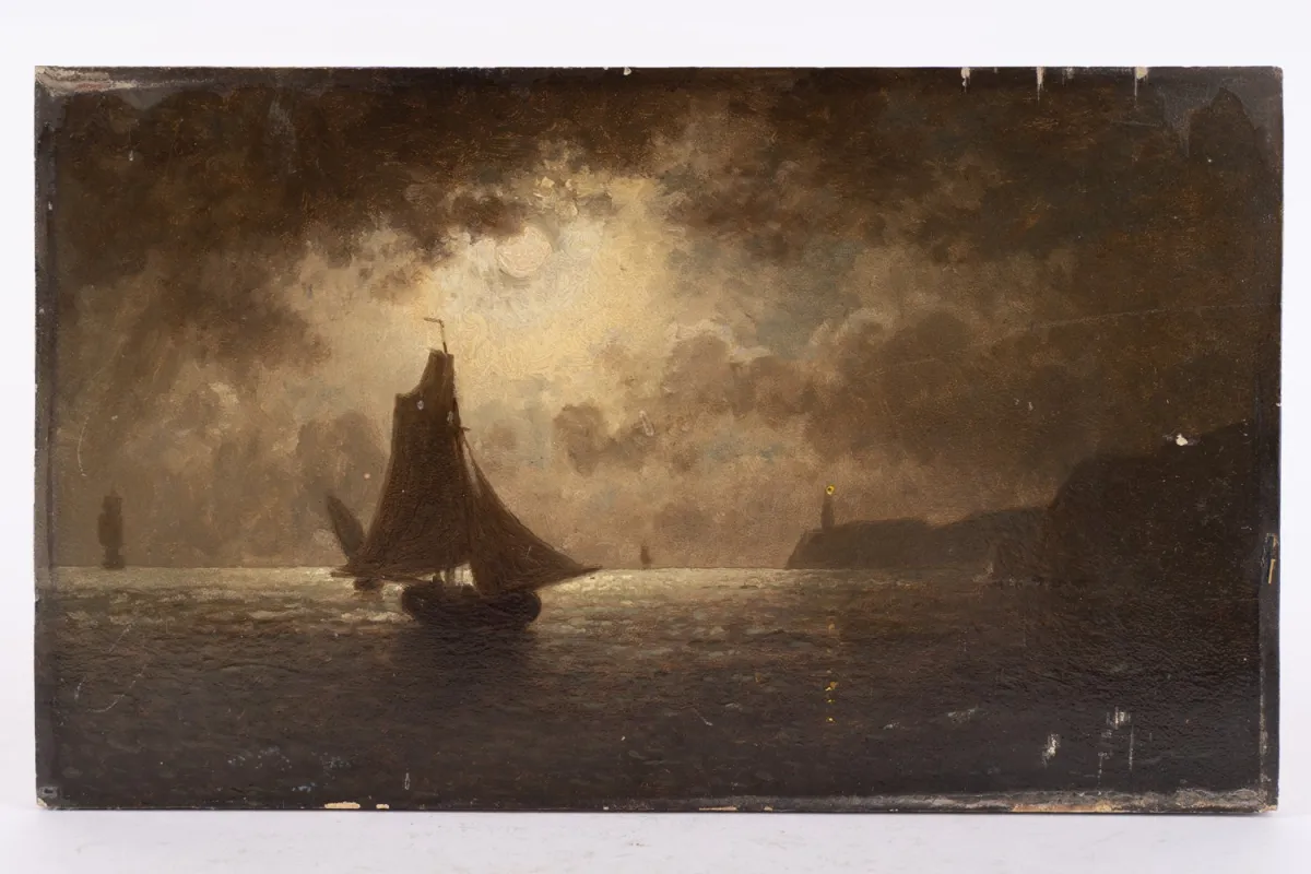 Měsíčná noc na mořském pobřeží, malý obraz, olej na dřevěné desce, cca 15 x 2 x 25,6 cm, bez rámu