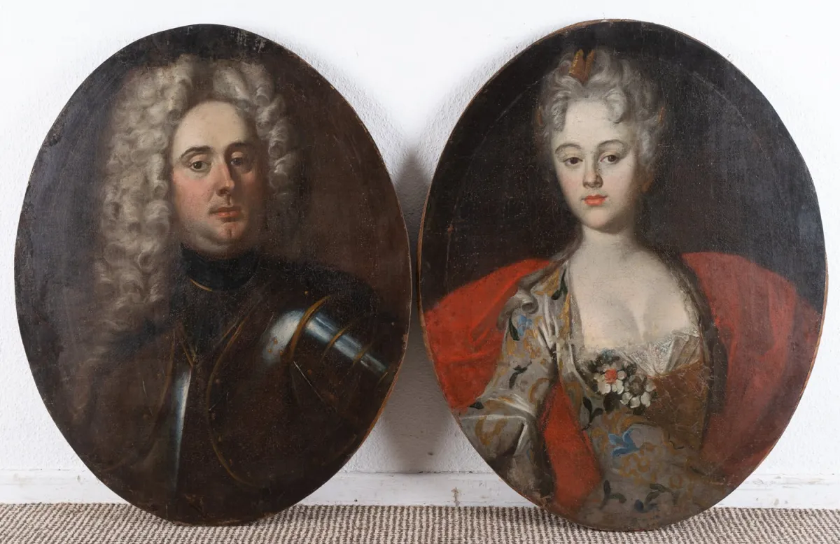 Paire de portraits nobles baroques vers 1745 / 50, peintures, huile sur toile montée à plat sur panneau support, env. 77 x 61 cm chacune,…