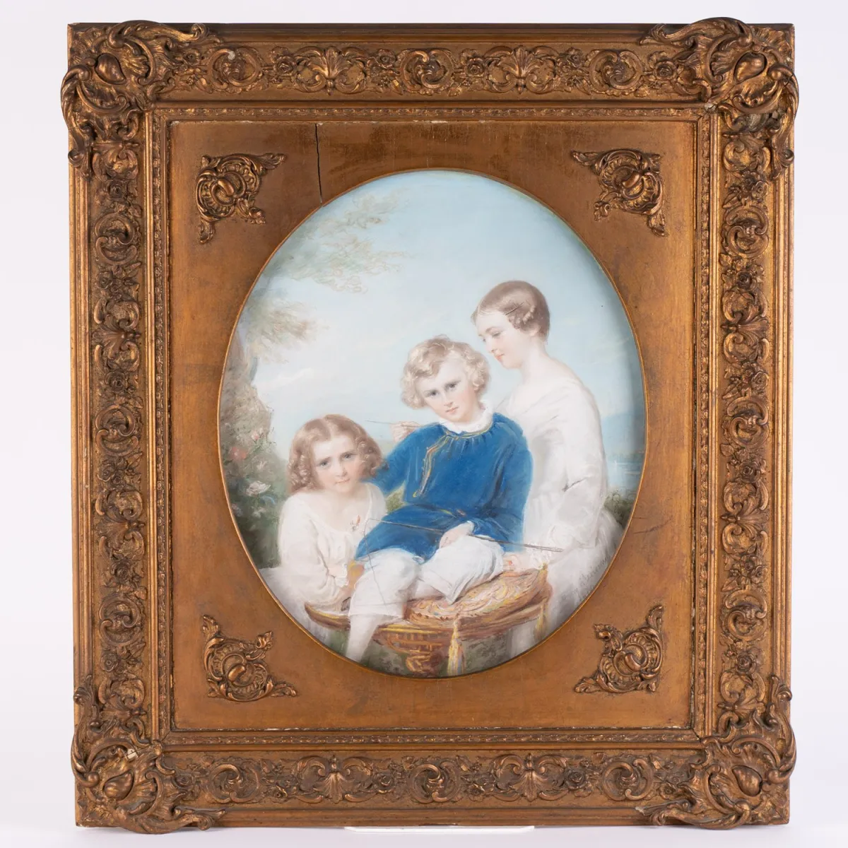 Kinderportrait, Biedermeier Mitte 19. Jhd., ovaler Bildausschnitt, Pastellkreide-Zeichnung, rechts unten bez.: Nanny Mer…