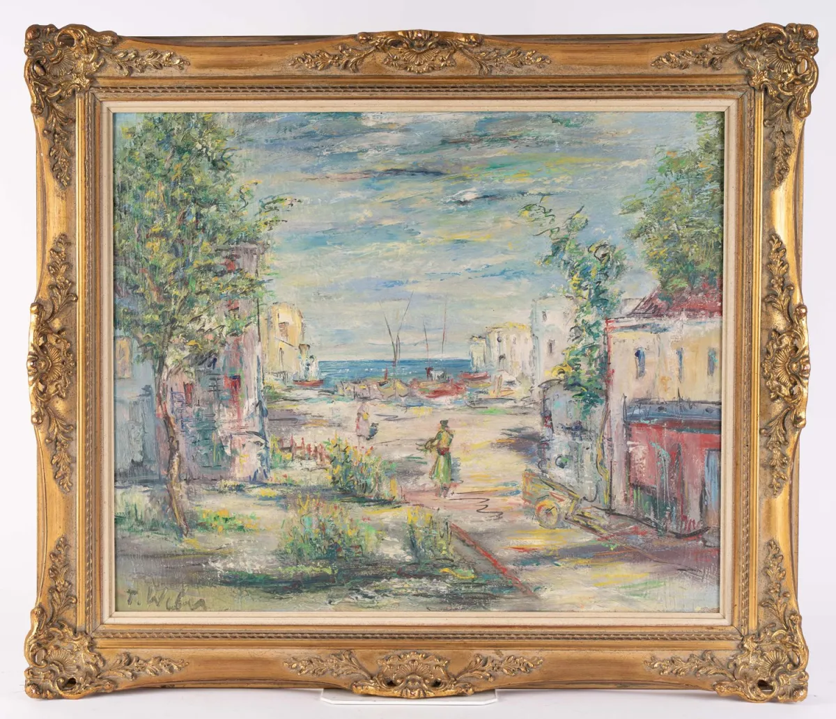 Southern harbor landscape with figures, oil on canvas painting, approx. 50 x 60 cm, indistinct signature lower left
