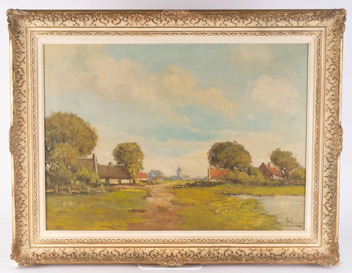 Venkovská idyla s statky a kostelem, olej na plátně, cca 50 x 68 cm, nejasný podpis vpravo dole