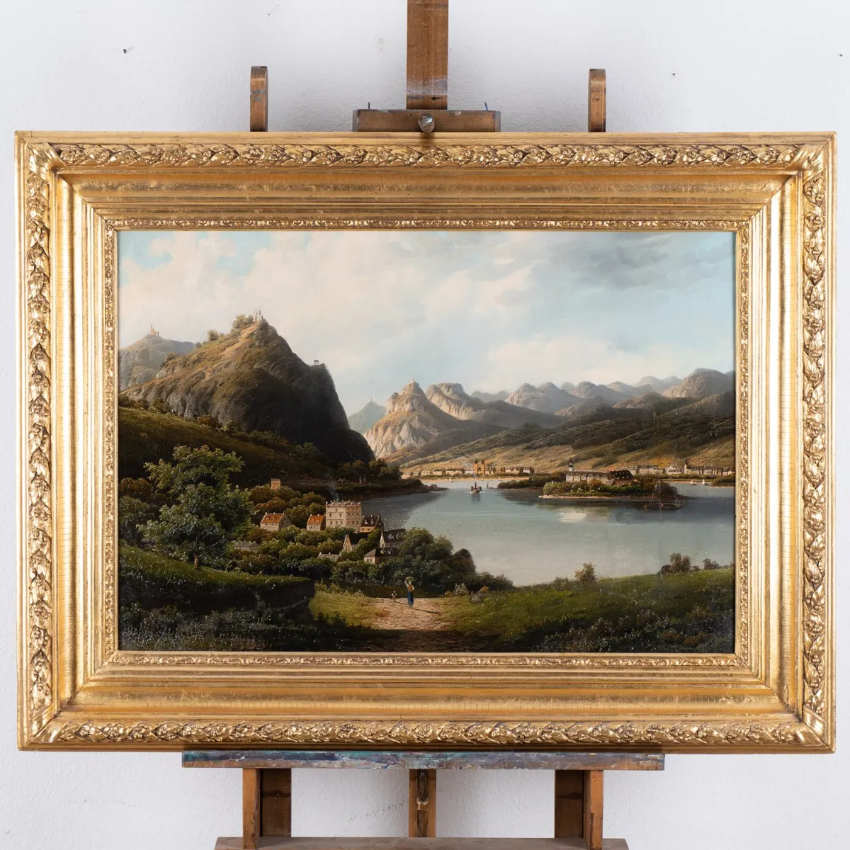 Výlet u Bacharachu na Rýně s výhledem na klášter Nonnenwerth, velký obraz olej na plátně, cca 67 x 96 cm