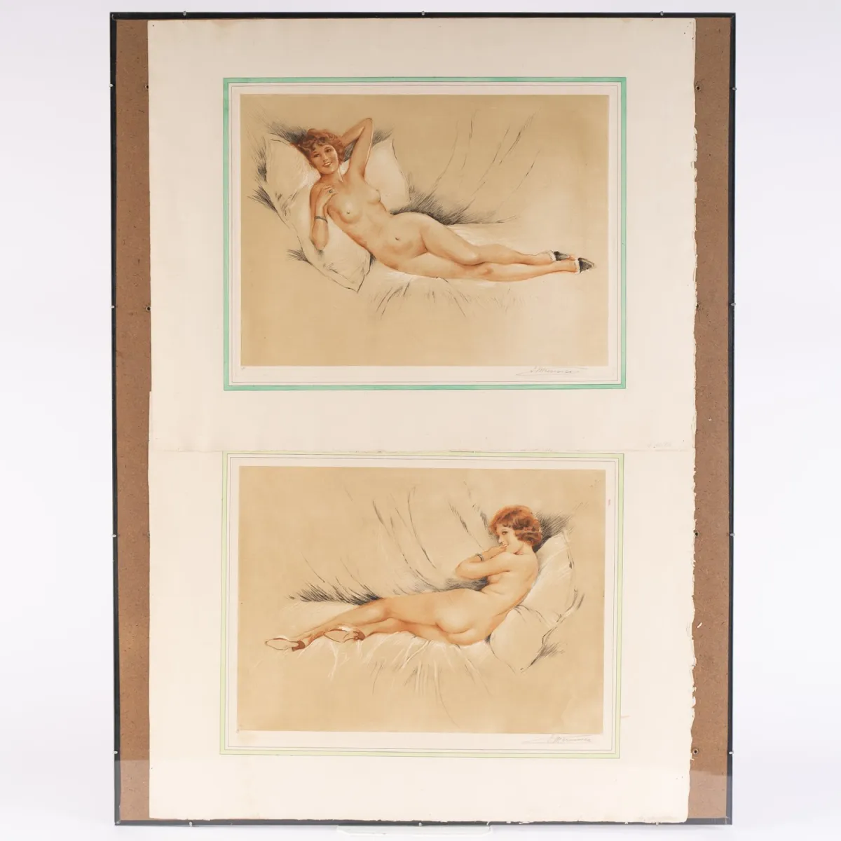 Erotika: Paar ungerahmter Farblithographien der Suzanne Meunier (1888 - 1979), Platte von ca. 29,5 x 39,5 cm, Blattforma…