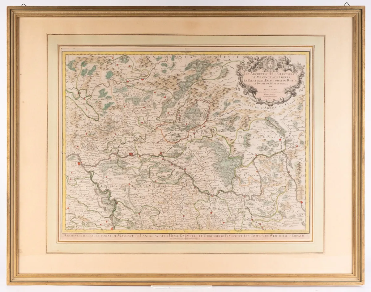Large-format hand-colored 18th-century copper engraving map, titled Les Archevesches et Eslectorats de Mayence et des…