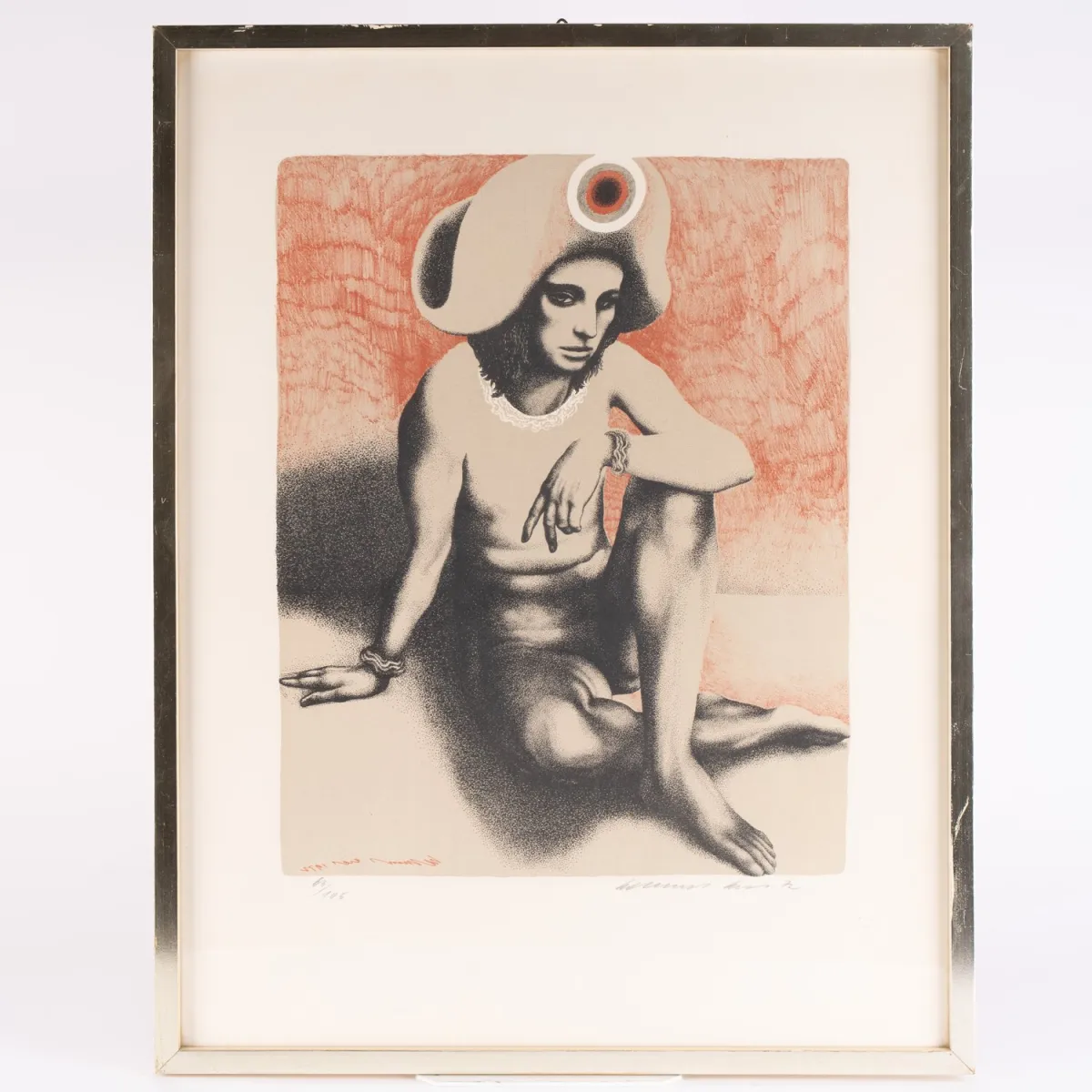 Sitzender Harlekin , großformatige, hinter Glas gerahmte, multiple Farblithographie, limitierte Auflage Nr. 63/105, unte…