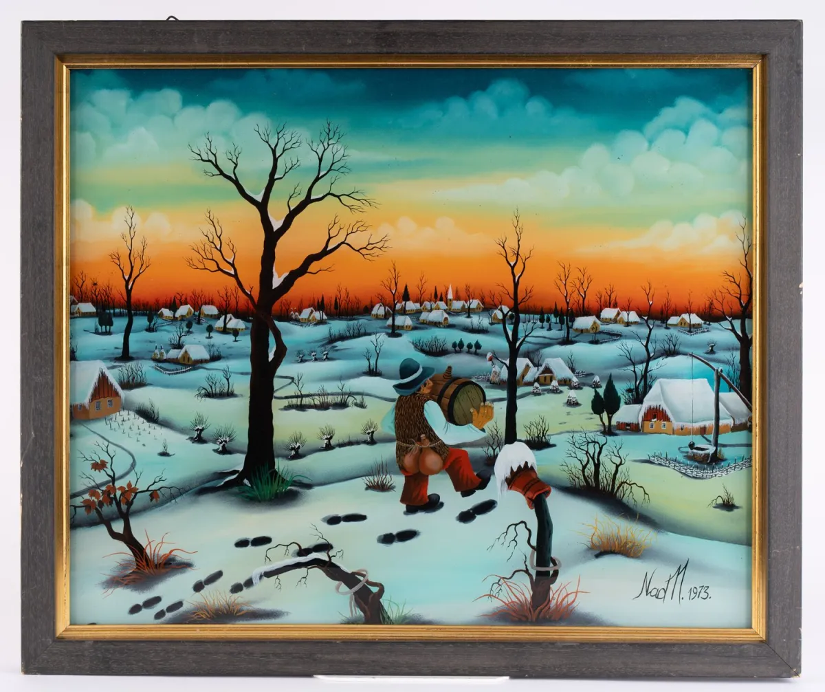Auf dem Heimweg, large-format painting under glass, signed bottom right indistinctly, probably Milan Nap dated 1973, ligh…