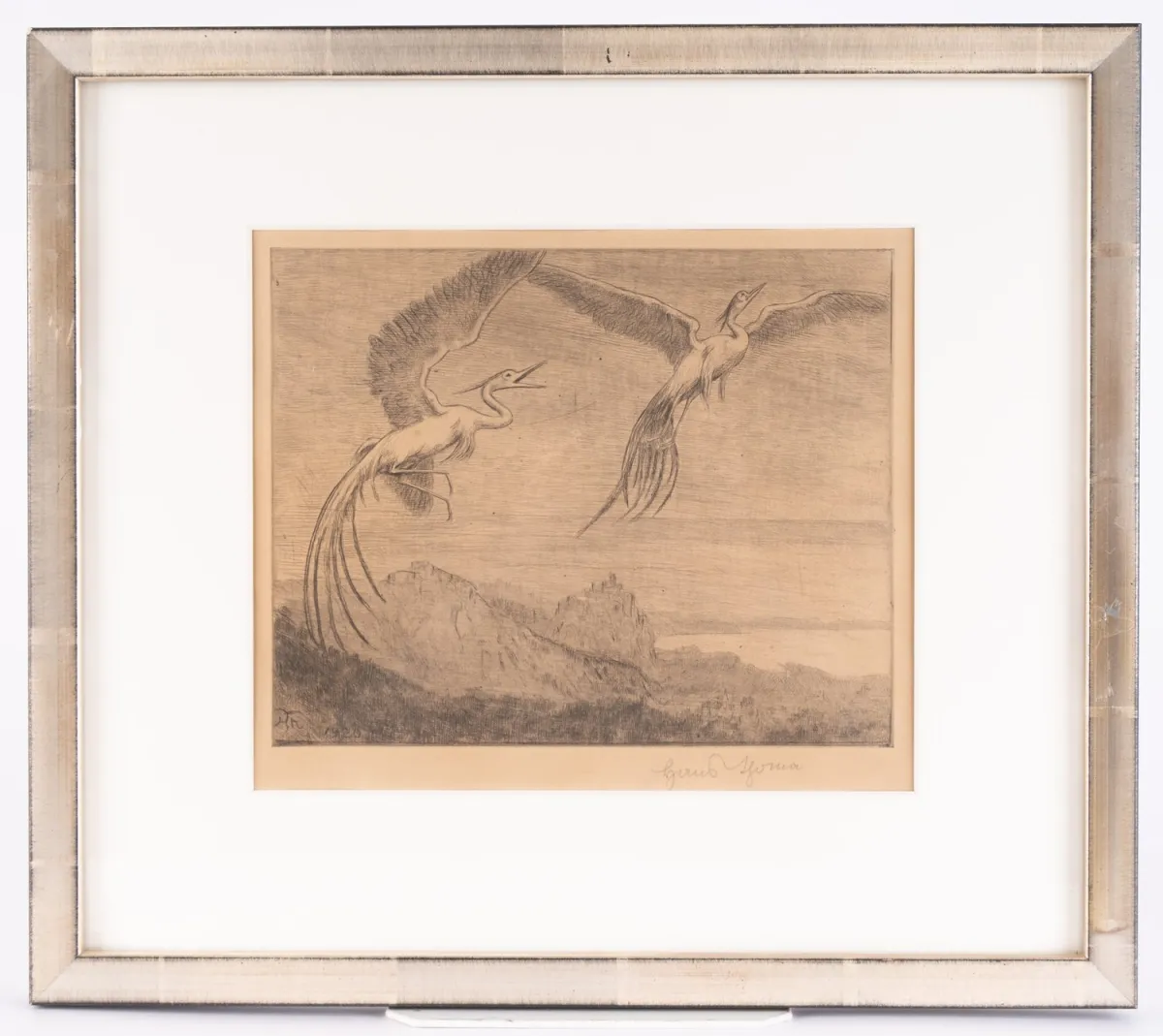 Oiseaux de paradis - gravure de Hans Thoma (Bernau 1839 - 1924 Karlsruhe) encadrée sous verre avec passe-partout, feuille visible…