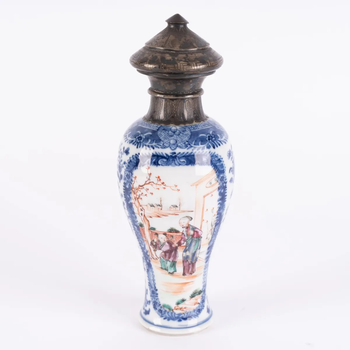 Antique storage vessel with silver lid mount, unmarked Chinese white porcelain with elaborate, detailed B…