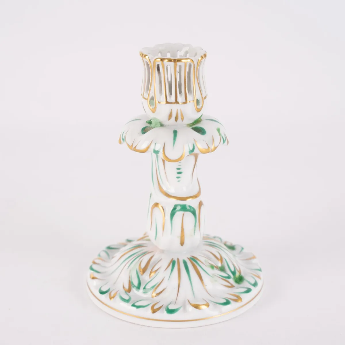 Single-flame candlestick, Herend, Hungarian white porcelain with hand-painted Apponyi decor in green tones and rich…