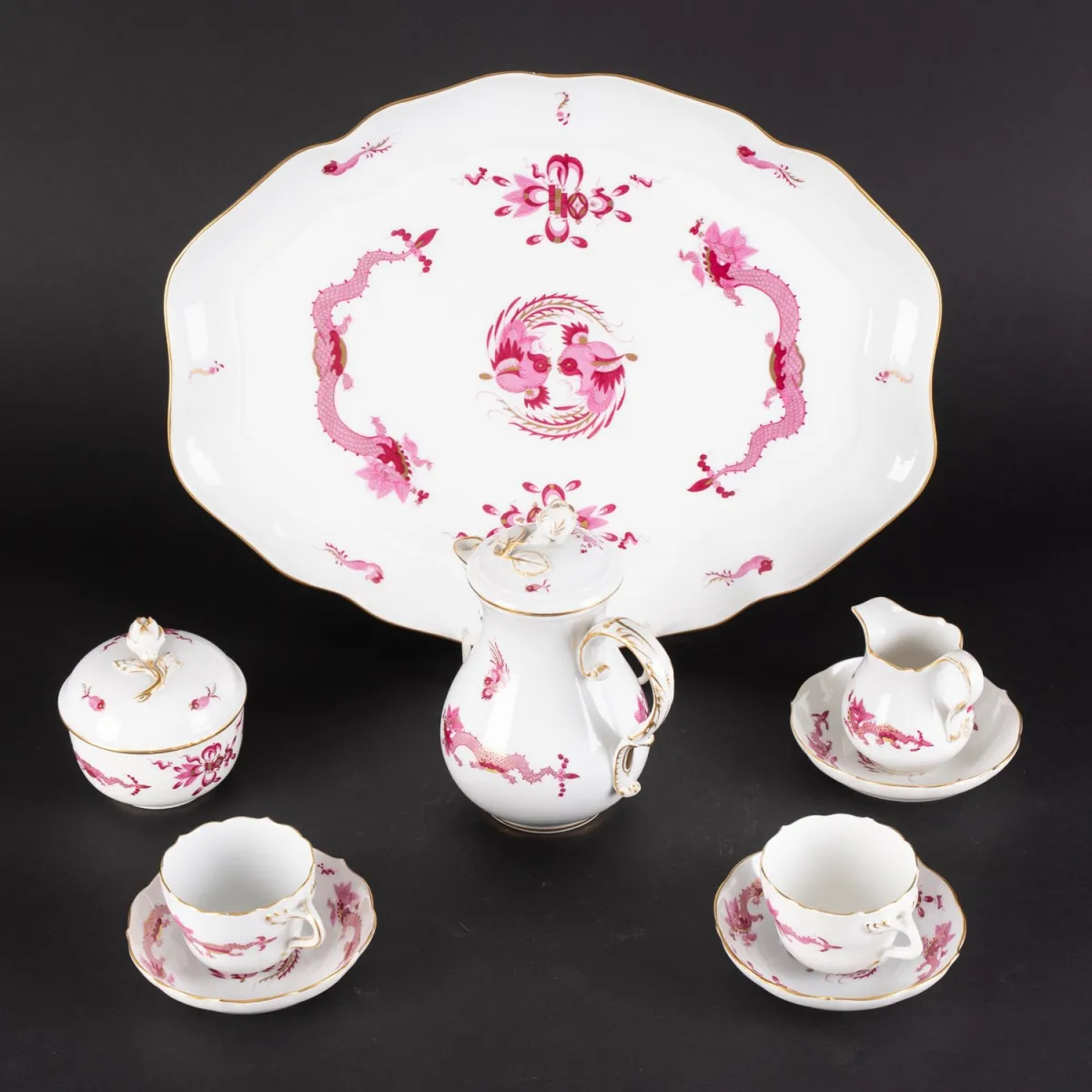 9-piece partial service, Mocha, Meissen, Saxon white porcelain, decor: red dragon with gold decoration. All 1st choice, but…