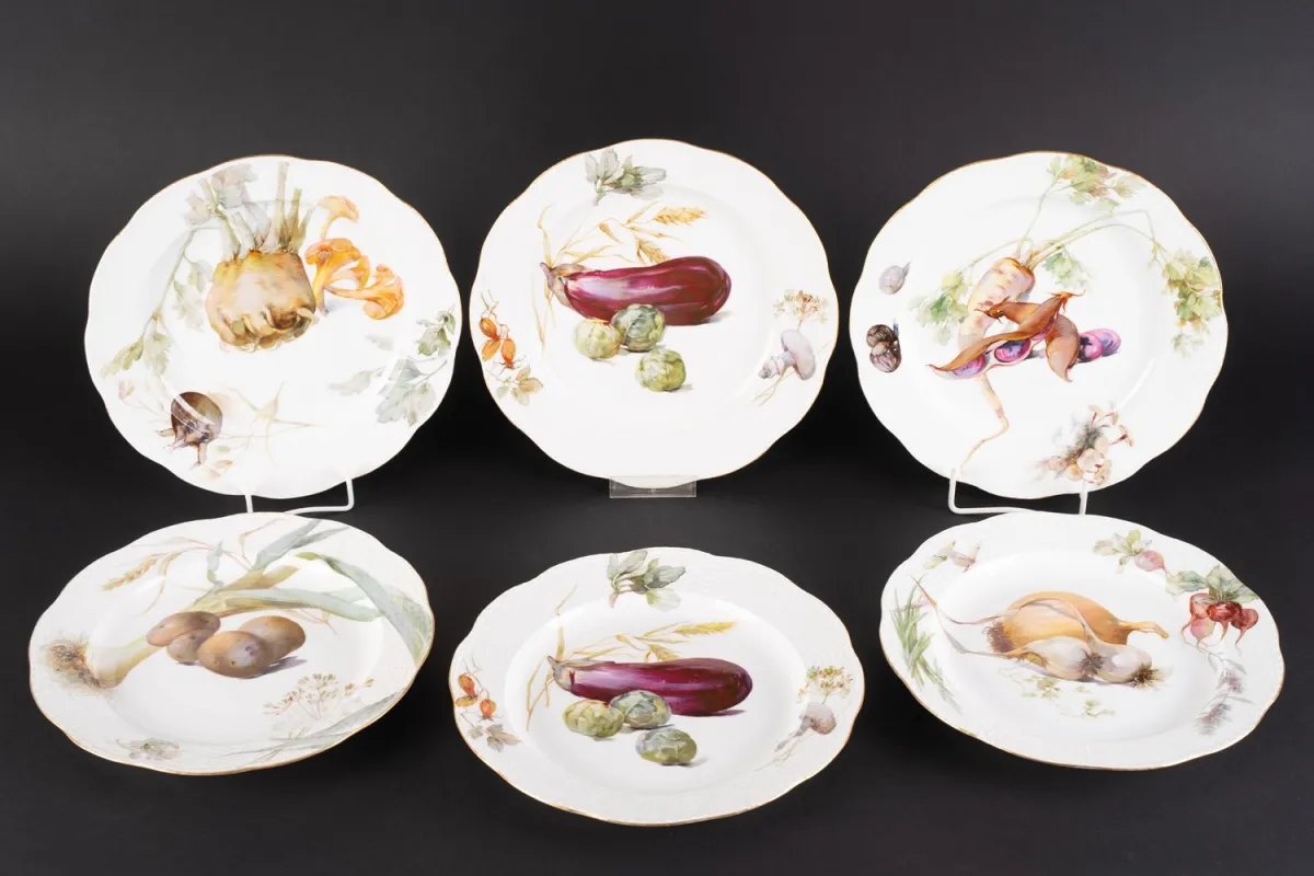 Set of 6 deep plates from KPM Berlin, Berlin white porcelain with polychrome vegetable decor. The slightly rising…