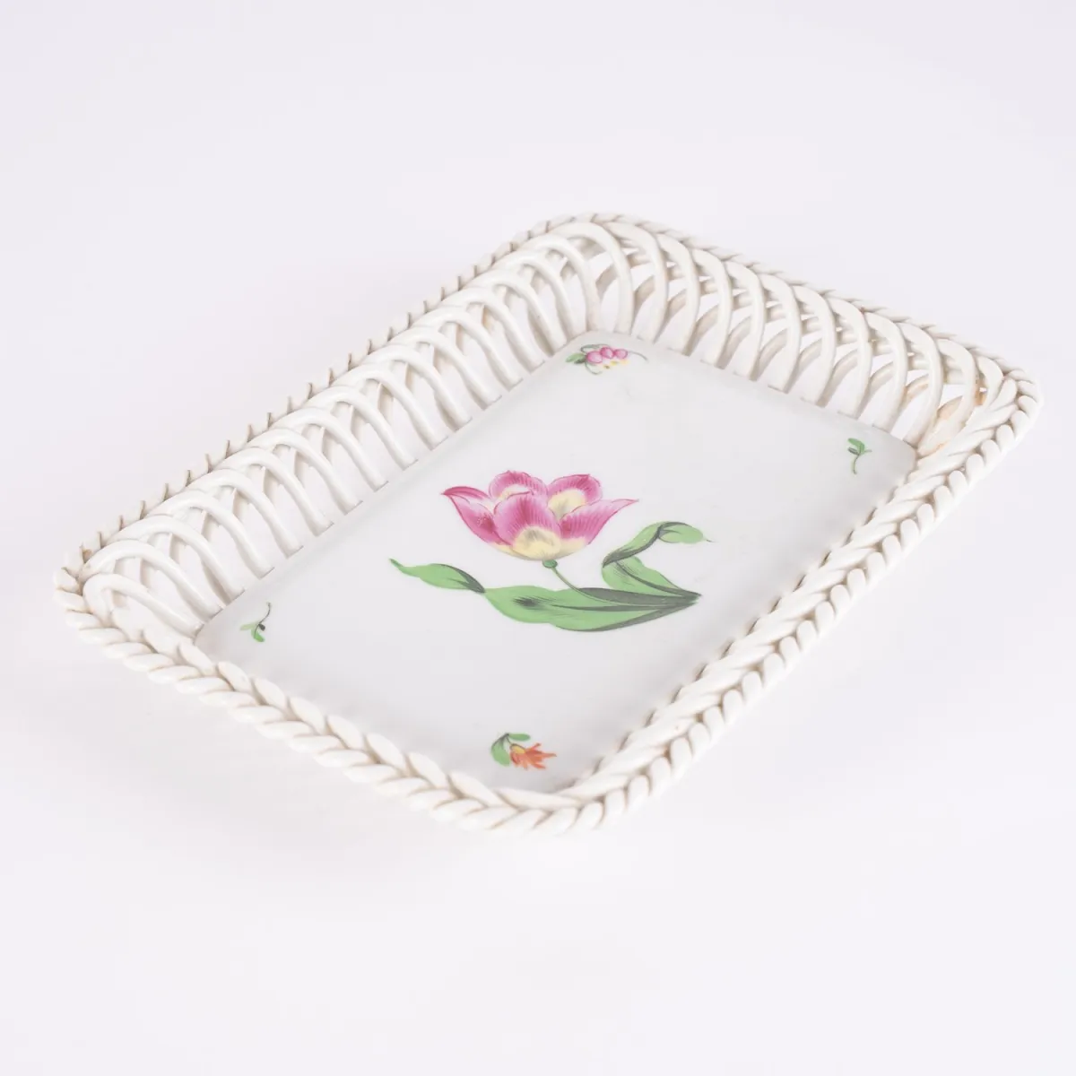Rectangular basket bowl / tray, Herend / Hungary, Hungarian white porcelain with intricately openwork basket...