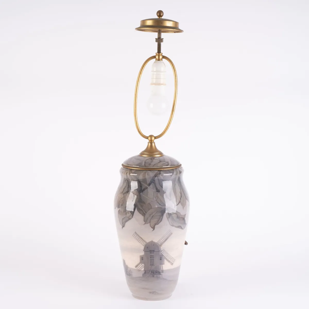 Rare lidded vase as table lamp, Royal Copenhagen, Danish white porcelain with polychrome leaf and landscape painting...